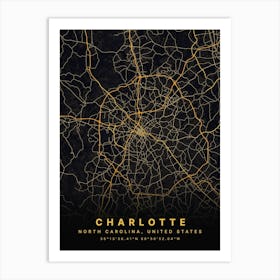 Charlotte North Carolina USA Black And Gold Map Art Print