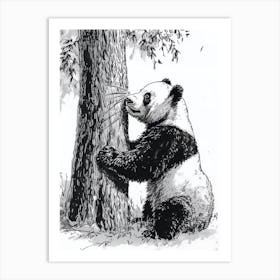 Giant Panda Scratching Against A Tree Ink Illustration 5 Art Print