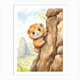 Rock Climbing Watercolour Lion Art Painting 3 Art Print