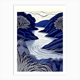 River Current Landscapes Waterscape Linocut 1 Art Print