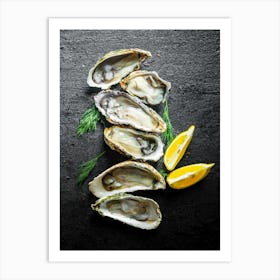 Seafood. Fresh oysters, lemon — Food kitchen poster/blackboard, photo art Art Print