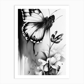 Butterfly And Flowers Symbol Black And White Painting Art Print
