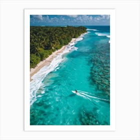 Aerial Drone Photography Capturing A Surfer Riding A Wave Near A Lagoon On A Tropical Coastline San Art Print