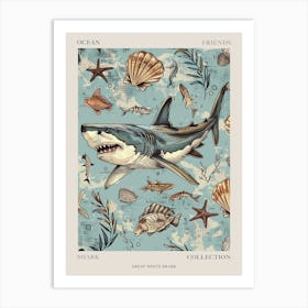 Pastel Blue Great White Shark Watercolour Seascape 2 Poster Art Print