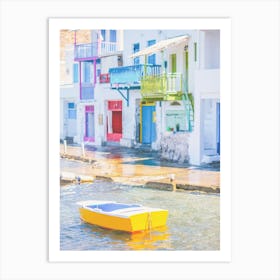 Milos, Greece I Yellow boat at fishing village of Klima with colorful houses on Mediterranean sea for a pastel summer aegean vibes aesthetic photography on Cyclades islands Santorini during Europe road trip Art Print