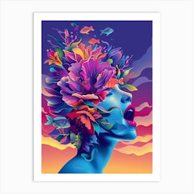 Woman With Flowers In Her Head Art Print