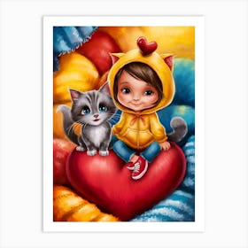 Little Girl With Cat On Heart Art Print