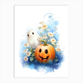 Cute Ghost With Pumpkins Halloween Watercolour 41 Art Print