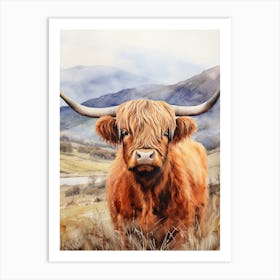Watercolour Portrait Of Highland Cow In The Grass With The Mountains Art Print
