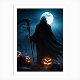 Sinister Reaper Silhouetted Against A Full Moon On Halloween Night Draped In A Tattered Black Cloak (5) Art Print