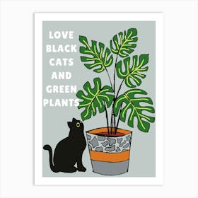 Black Cat and green Plant Art Print