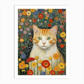 Cat In A Flower Field Klimt Style Art Print