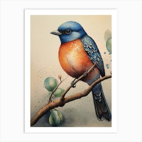 Vintage Bluebird on Branch Painting Art Print