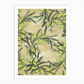 Seamless Pattern With Olive Branches Vector - olives poster, kitchen wall art Art Print