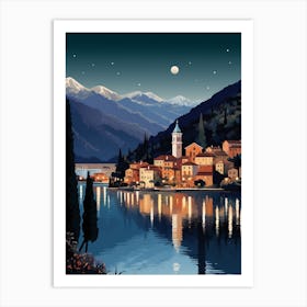 Winter Travel Night Illustration Lake Como Italy 2 Art Print