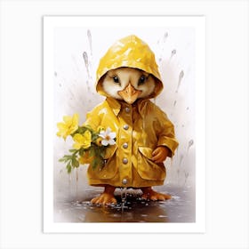 Duckling In A Yellow Raincoat With Flowers 1 Art Print