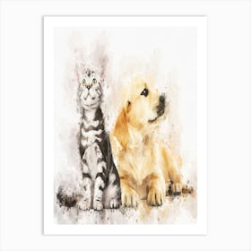 Golden Retriever Puppy And British Shorthair Kitten Art Print