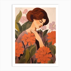 Woman With Autumnal Flowers Hydrangea Art Print