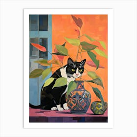 Sweet Pea Flower Vase And A Cat, A Painting In The Style Of Matisse 3 Art Print