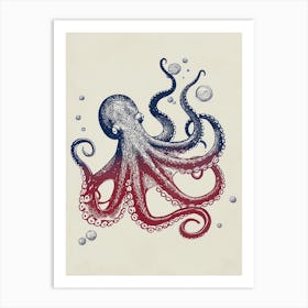 Red & Blue Octopus Making Bubbles 3 Art Print