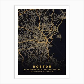 Boston Massachusetts USA Black And Gold Map Art Print