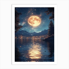 Full Moon Over Lake 20 Art Print