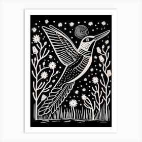 B&W Bird Linocut Kingfisher 2 Art Print