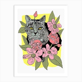 Cute Bengal Cat With Flowers Illustration 3 Art Print