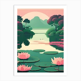 Water Lily Pond Landscapes Waterscape Retro Illustration 1 Art Print
