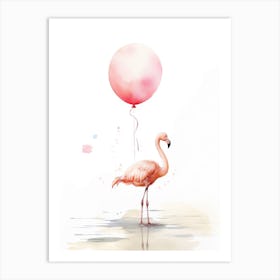 Baby Flamingo Flying With Ballons, Watercolour Nursery Art 2 Art Print