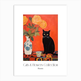 Cats & Flowers Collection Rose Flower Vase And A Cat, A Painting In The Style Of Matisse 8 Art Print