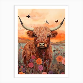 Highland Cow At Sunset With Butterflies Art Print