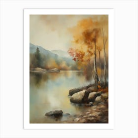 Forest Lake, Autumn Lake, Vintage Oil Painting, Farmhouse Wall Decorations, Antique Landscape, Vintage Landscape Oil Painting.1 3 Art Print