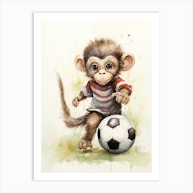 Monkey Painting Playing Soccer Watercolour 4 Art Print