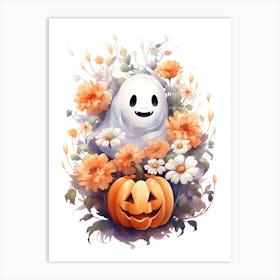 Cute Ghost With Pumpkins Halloween Watercolour 22 Art Print