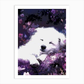 White Dog Sleeping In Purple Flowers Art Print