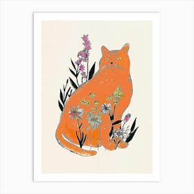 Cute Orange Cat With Flowers Illustration 4 Art Print