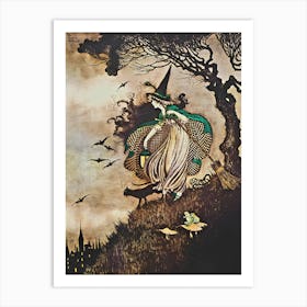 The Little Witch by Ida Rentoul Outhwaite - Remastered Illustration in Original Sepia and Colour - Green Witch With A Broomstick, Frog and Black Cat - Fairytale Vintage Victorian Witchcore Famous Witchy Cottagecore Fairycore Art Print