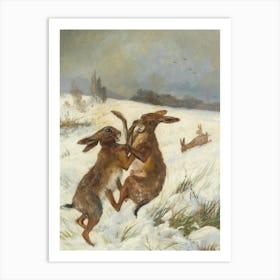 Vintage Painting Two Hares Fighting In The Snow Art Print