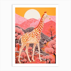 Giraffe Exploring The Nature Orange & Pink 4 Art Print