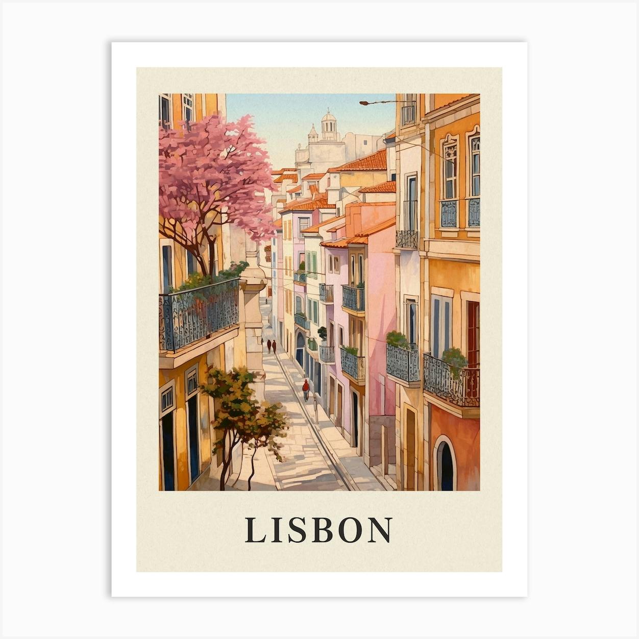 Large Lisbon Portugal 2 Vintage Pink Travel Illustration Poster Art Print - 45x60cm