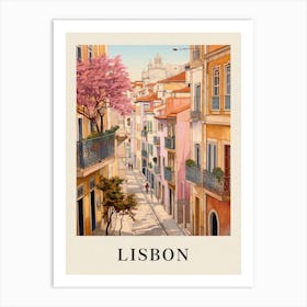 Lisbon Portugal 2 Vintage Pink Travel Illustration Poster Art Print