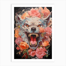 Wolf With Roses 2 Art Print
