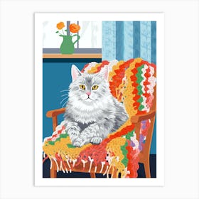 Cat On Crochet Vintage Chair Illustration 1 Art Print