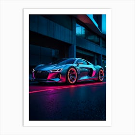 Audi R8 supercar in neon, speeding through the night. A fast, futuristic cyberpunk car with V10 power and synthwave vibes. Art Print