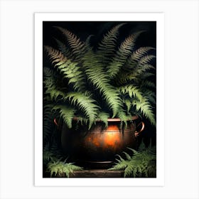 Ferns in a Witches Copper Cauldron | Dark Cottagecore Vintage Art Prints | Dark Aesthetic Gothic Academia Feature Wall | Altar Wall Witchcraft Wicca Style in HD Art Print