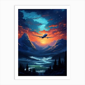 Airplane Travel Over Mountains with Sunset Sky Art Print