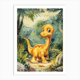 Cute Storybook Dinosaur In The Leaves Painting 1 Art Print