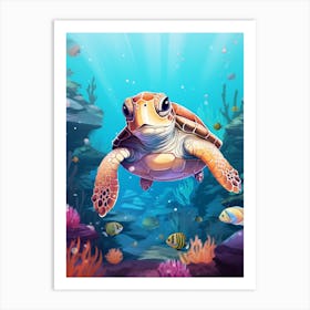 Curious Hawksbill Turtle With Fish Art Print