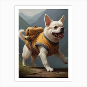 Dog With Backpack Mountain Scape Art Print